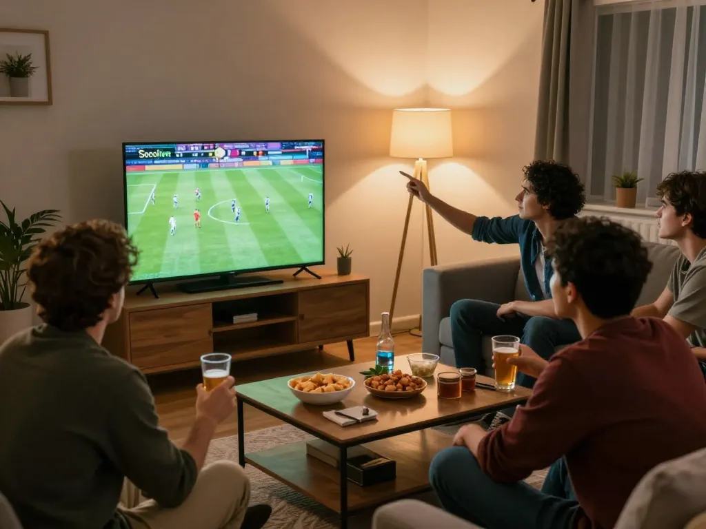 Socolive viewers enjoying live sports streaming with snacks and drinks in a cozy setting