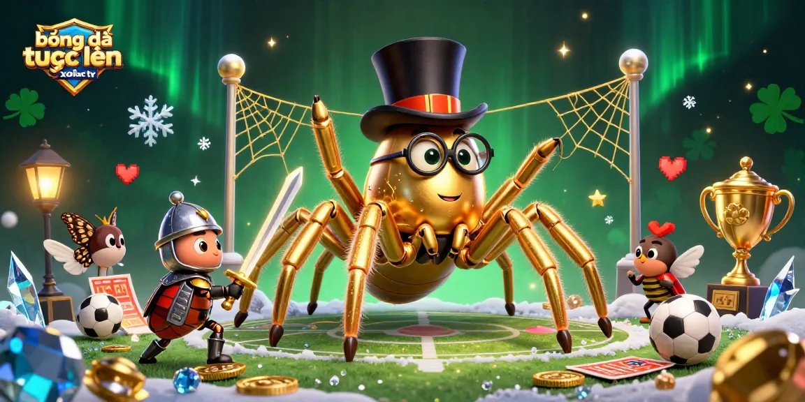 bóng đá trực tuyến xoilac tv showcases a giant tarantula weaving golden threads amidst sports betting elements, creating a vibrant gaming atmosphere.