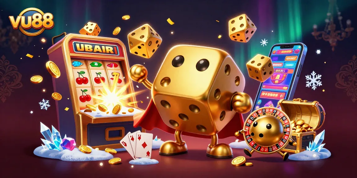 Get ready to win big at vu88 with this vibrant casino illustration showcasing golden dice and thrilling games.