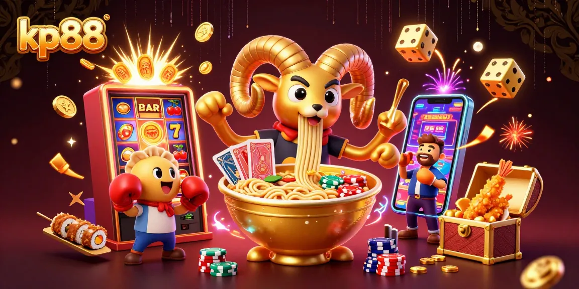 Experience the thrilling gaming atmosphere with kp88 as the giant ramen bowl and friends deal cards and chips.