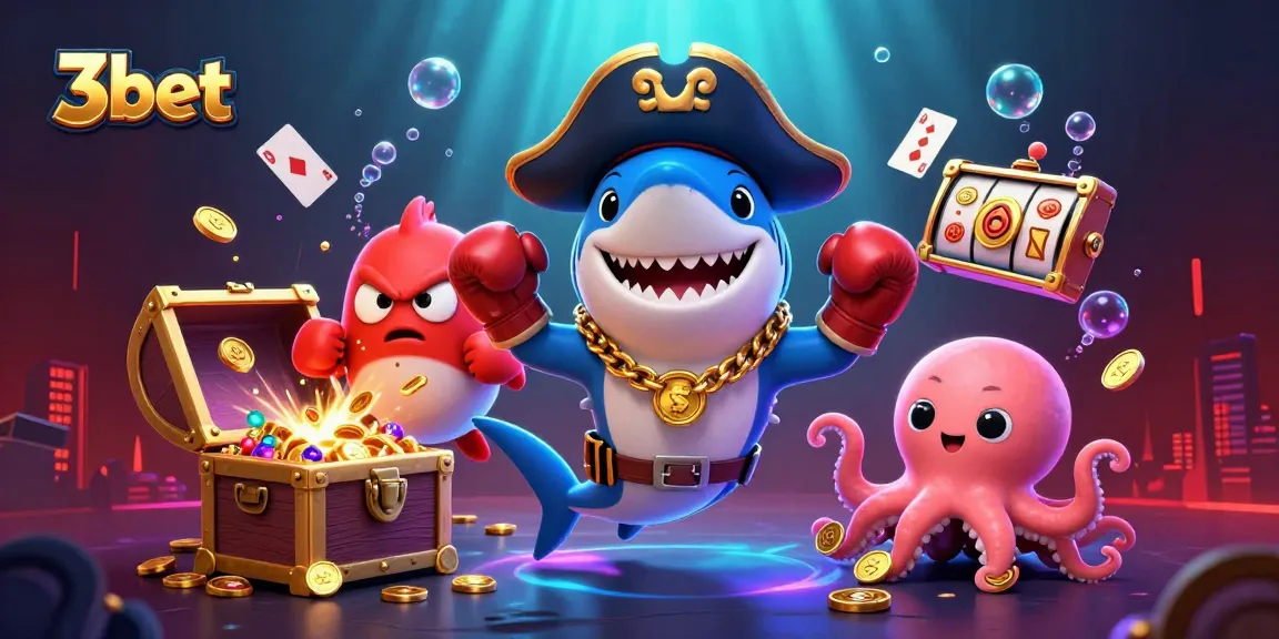 Experience the thrill of 3bet with cartoon shark and octopus in a vibrant casino scene.