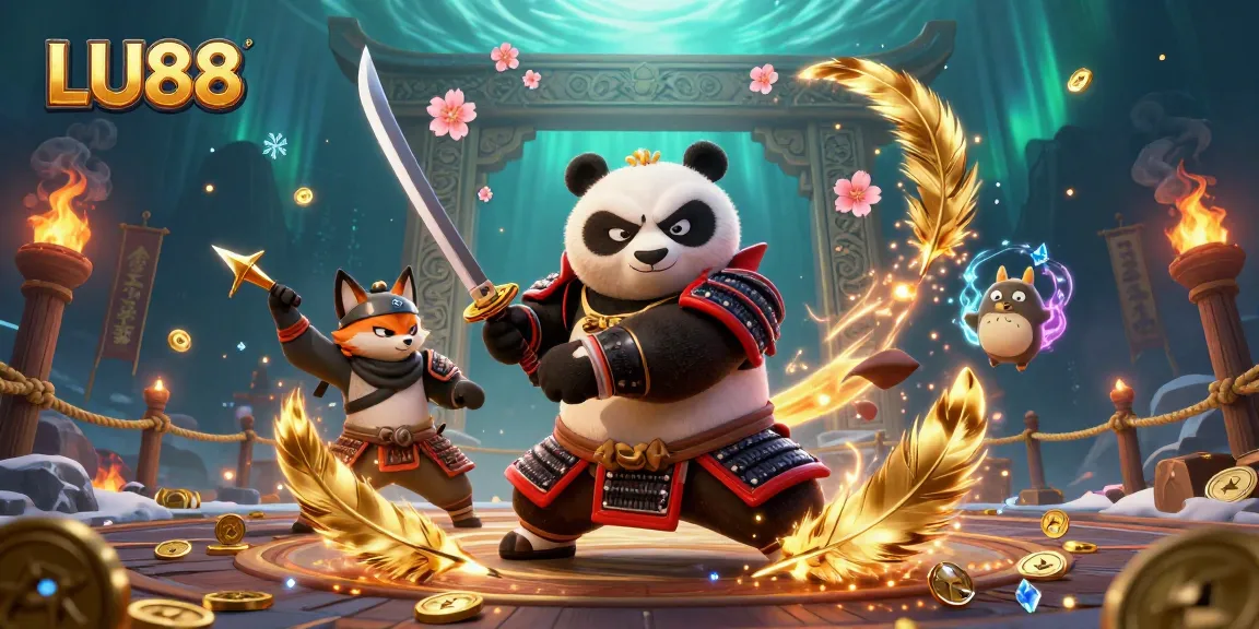 LU88 showcases a vibrant scene with samurai panda, ninja fox, and magical tanuki amidst dynamic casino elements.
