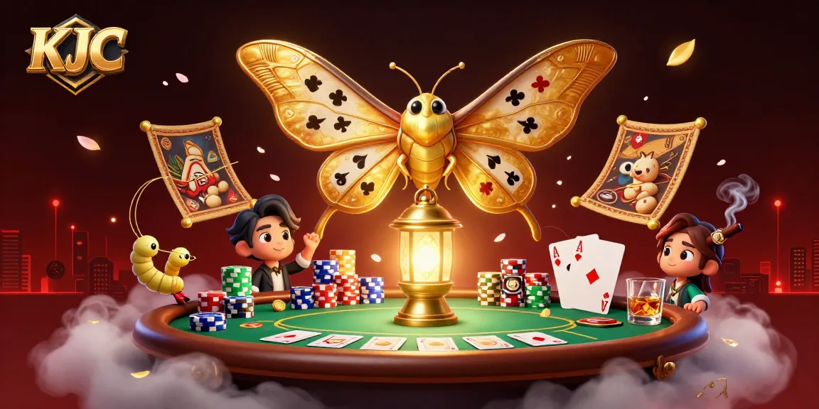KJC players enjoy a vibrant poker scene with an illustrated atlas moth and golden casino elements.
