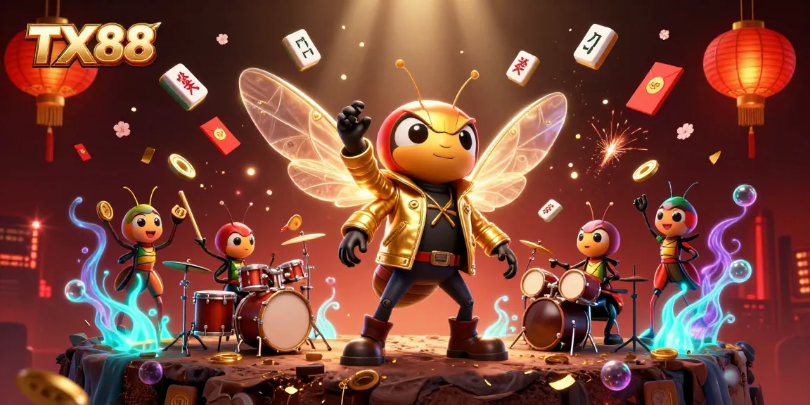 Experience the excitement at TX88, where a cicada rock star shines amidst vibrant casino elements!