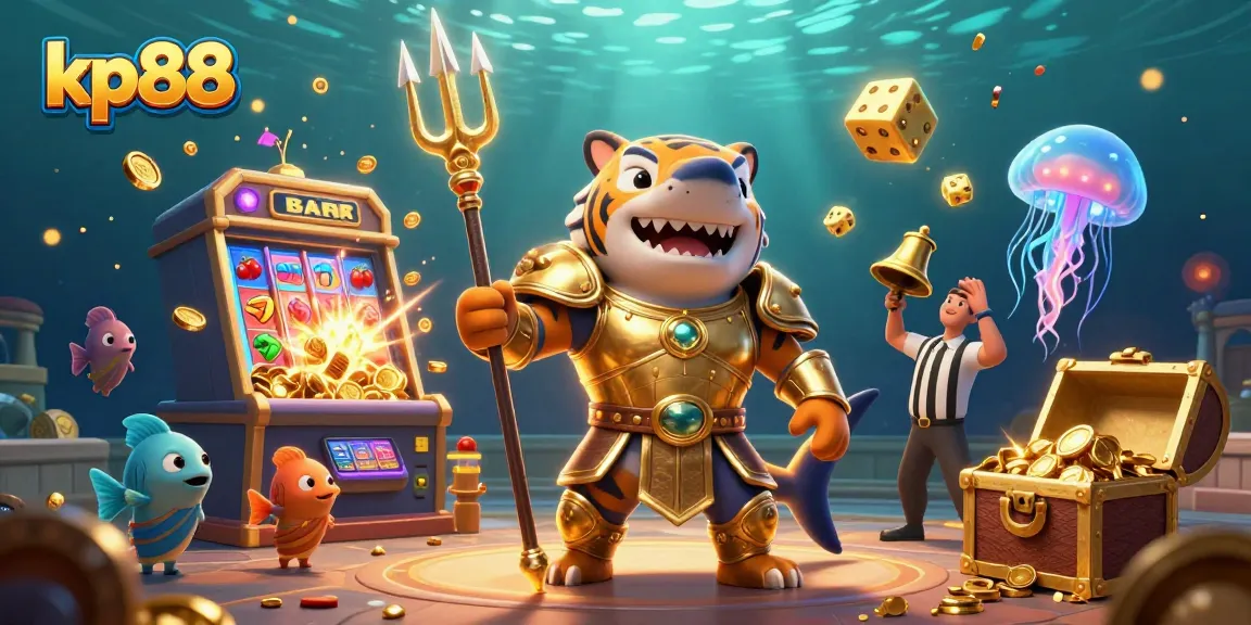 Spin the reels with kp88's thrilling jackpot scene featuring a tiger shark in gladiator armor.