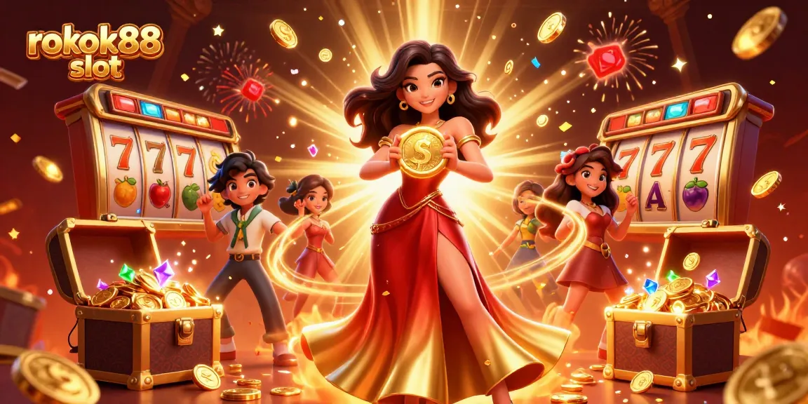 Experience the thrill of rokok88 slot with stunning visuals of slot reels and a glamorous character.