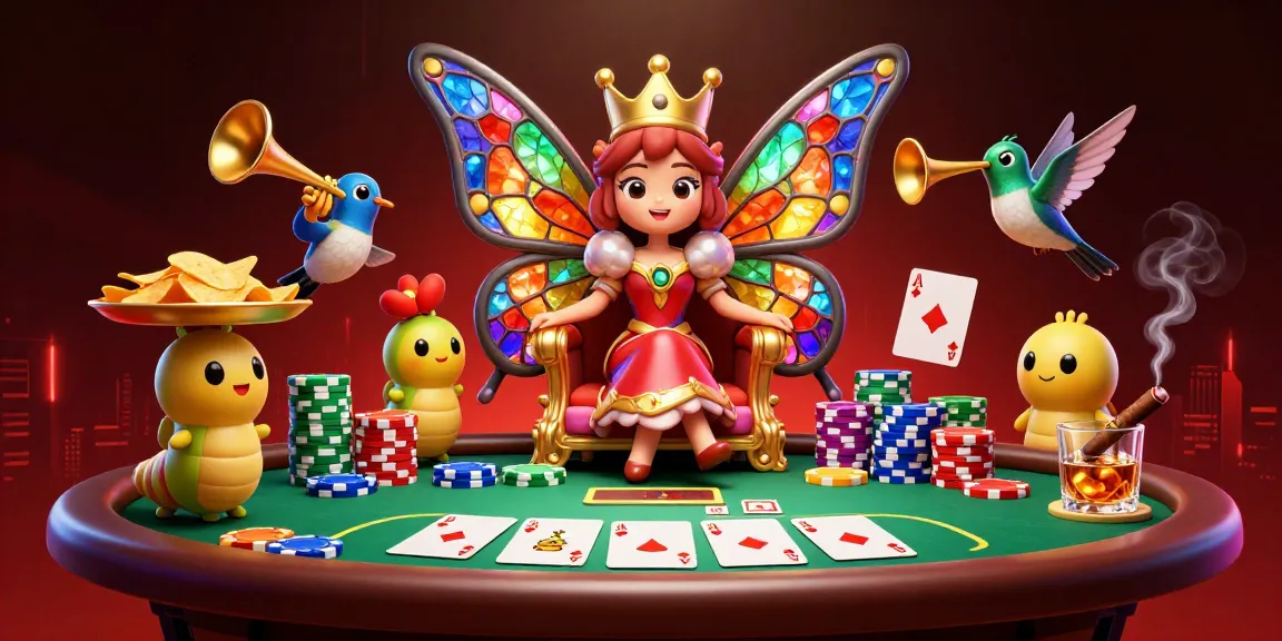HitClub's vibrant casino scene features a butterfly queen amidst poker action and colorful chips.