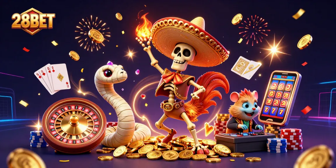 Engage in thrilling gaming at 28BET, featuring colorful characters and dynamic casino elements.