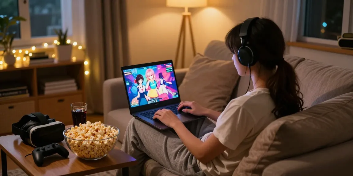 Gamer immersed in a colorful hentai game setup, with cozy atmosphere and gaming accessories.