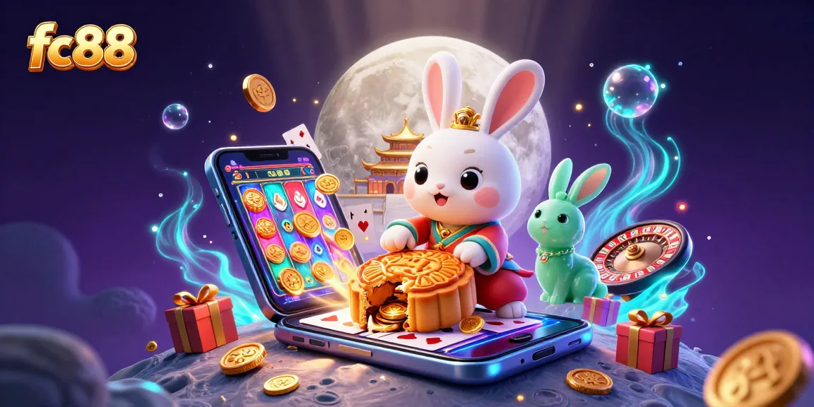 Engage in thrilling gameplay with fc88, featuring a moon rabbit revealing poker chips in a vibrant 3D casino scene.