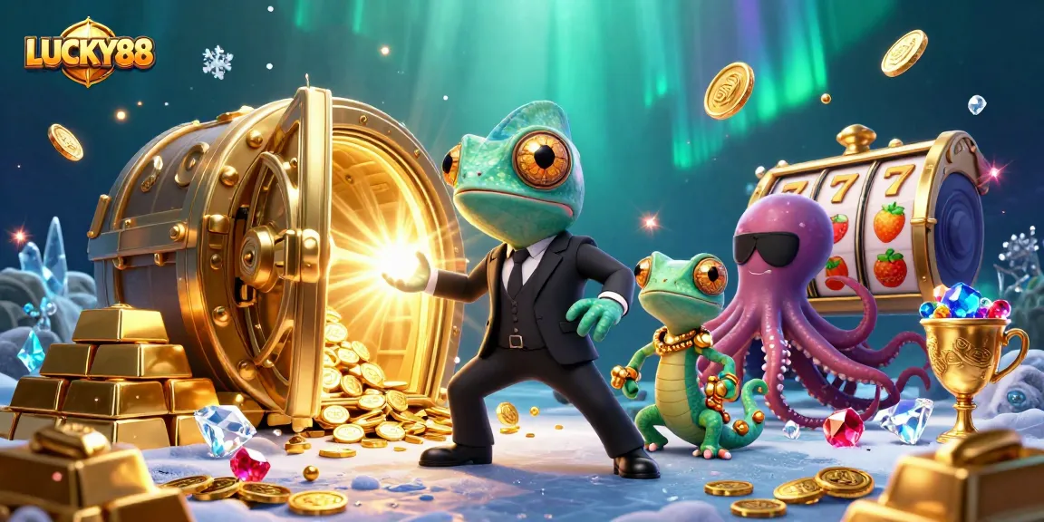 Spin the reels of LUCKY88 with vibrant treasures in an animated casino scene.