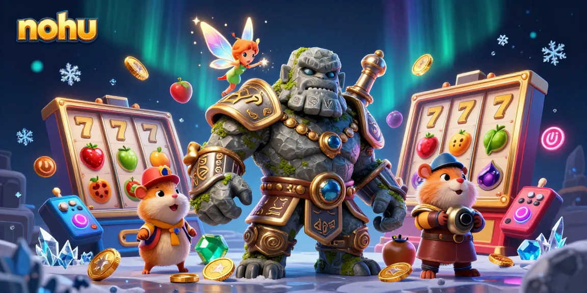 Nohu's slot game adventure featuring an ancient stone golem, fairy magic, and vibrant reels.