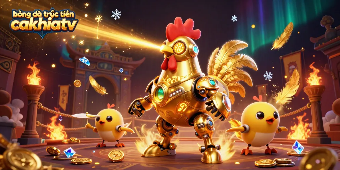 bóng đá trực tuyến cakhiatv showcases an energetic casino scene with a golden rooster robot and flying drones.