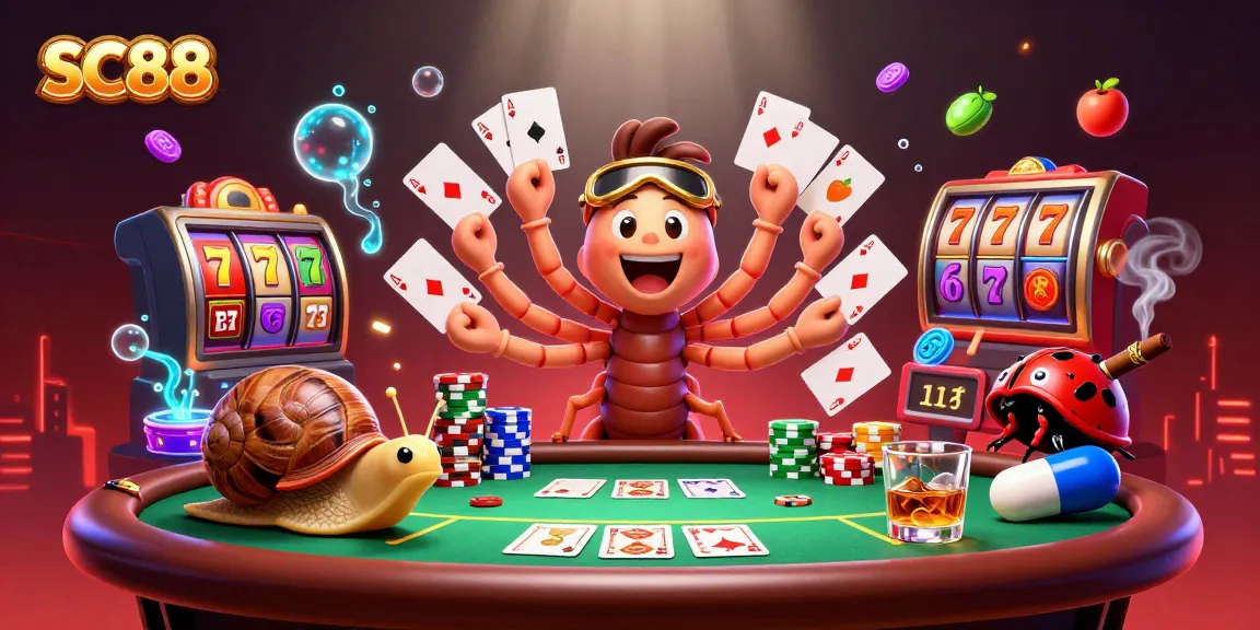 SC88 cartoon casino scene showcasing a millipede dealer, colorful chips, and exciting slot game elements