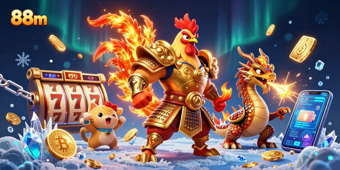 Engage with the dynamic gaming scene at 88m featuring a fighting rooster, dragon hatchling, and exciting casino elements.