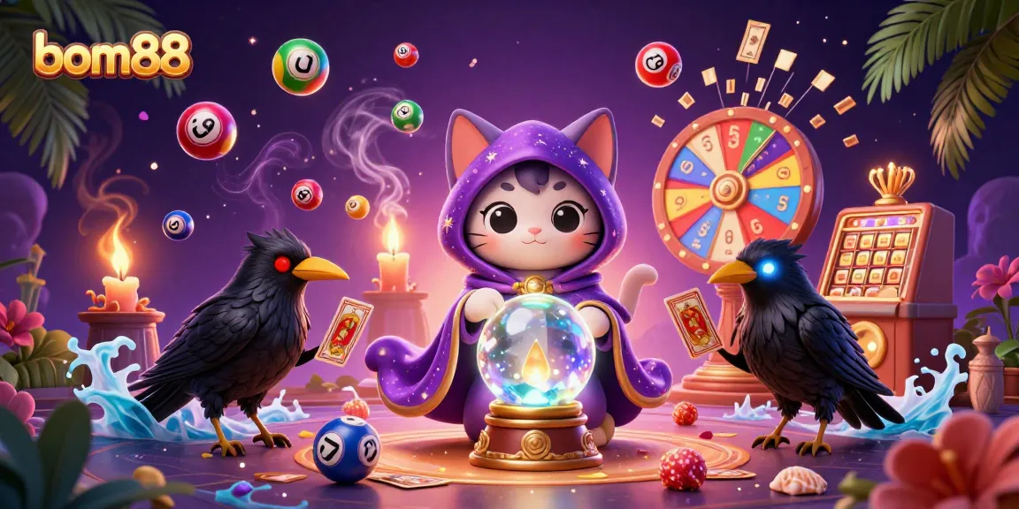 Engage with bom88's vibrant digital casino world featuring a fortune teller cat and animated game elements.