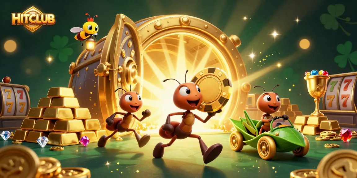 Engage with HITCLUB while 3D cartoon ants execute a thrilling poker heist amidst dazzling casino treasures.