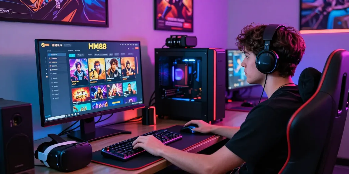 Engaged gamer using HM88 platform with colorful gaming setup and accessories, showcasing thrilling online gaming experience.