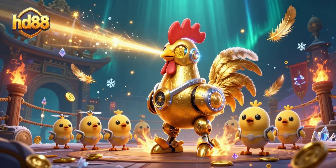 Engage with hd88's thrilling casino experience featuring a golden rooster robot in a vibrant gambling arena.