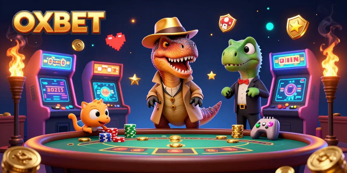 Join the action at OXBET with a velociraptor card counter and stegosaurus pit boss in this vibrant casino scene.
