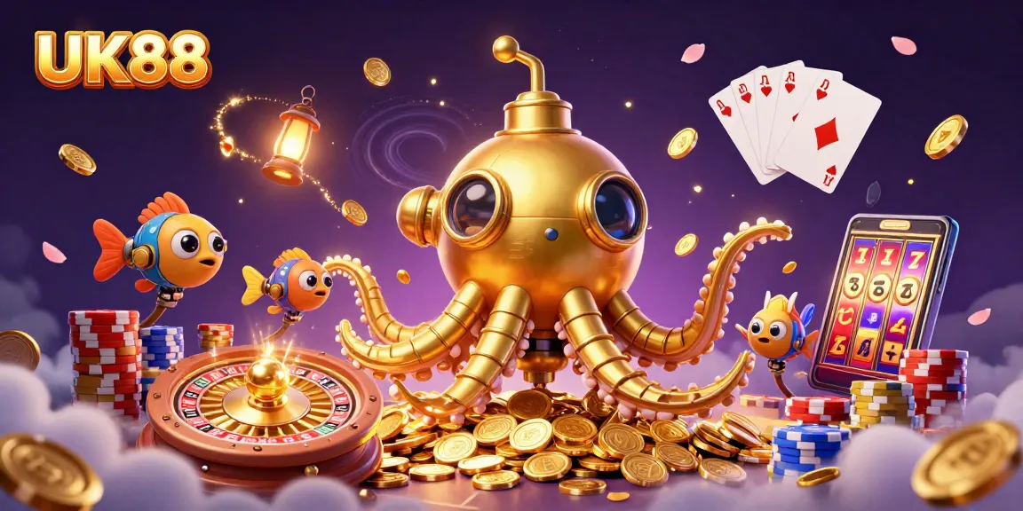 Experience the thrill of UK88 with golden kraken collecting riches in a dynamic casino scene.