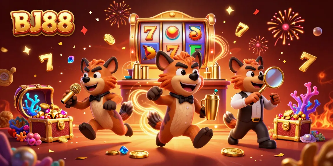 Join the fun at BJ88's casino where hyenas bring humor to gaming, surrounded by vibrant slots.