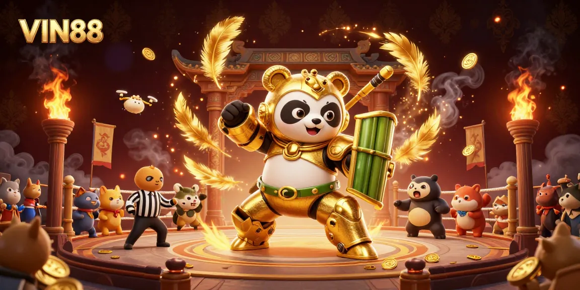 Experience thrilling gameplay at VIN88 with our dynamic scene featuring a mech-suit panda in a vibrant casino arena.