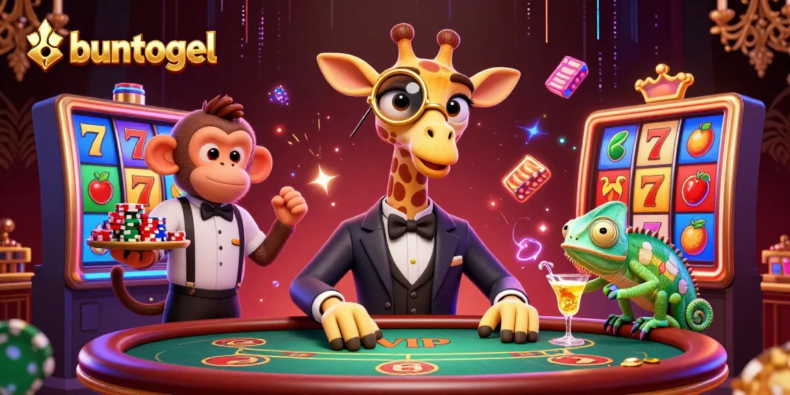 Experience premium gaming with buntogel's vibrant 3D illustration showcasing a giraffe high-roller at a casino table.