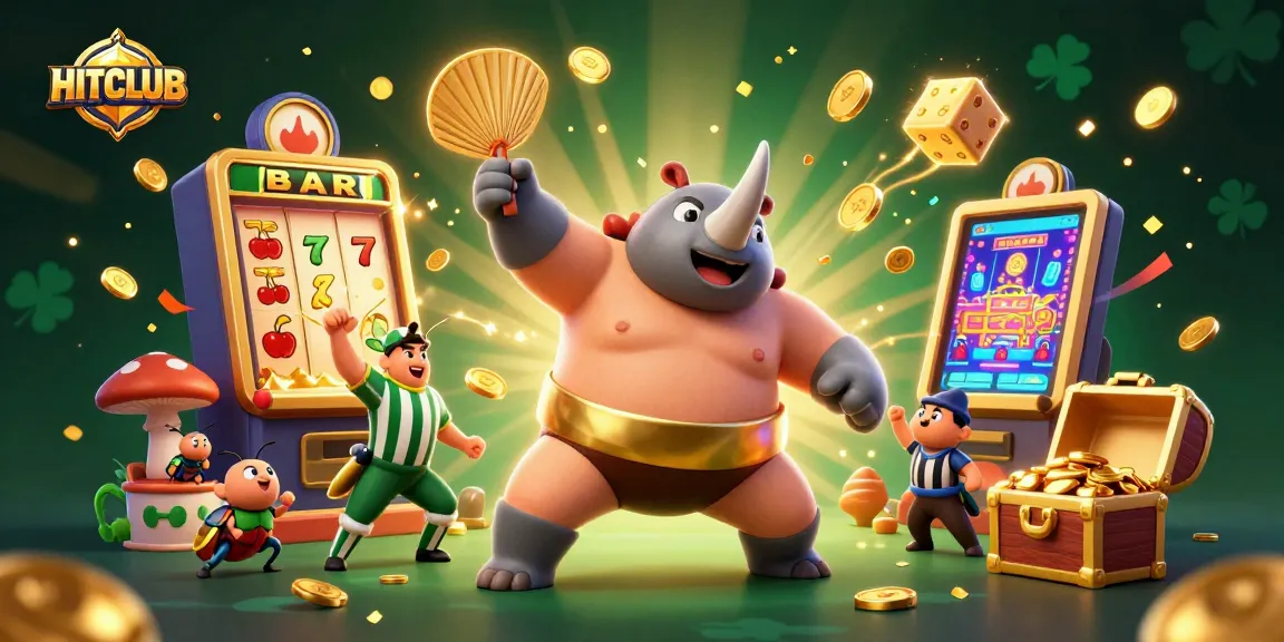 Experience HITCLUB excitement with a dynamic 3D illustration featuring a sumo beetle champion and vibrant casino elements.