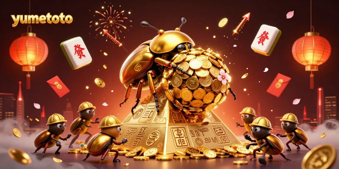 Experience yumetoto with a vibrant illustration of playful beetles rolling golden coins amidst dynamic casino elements.