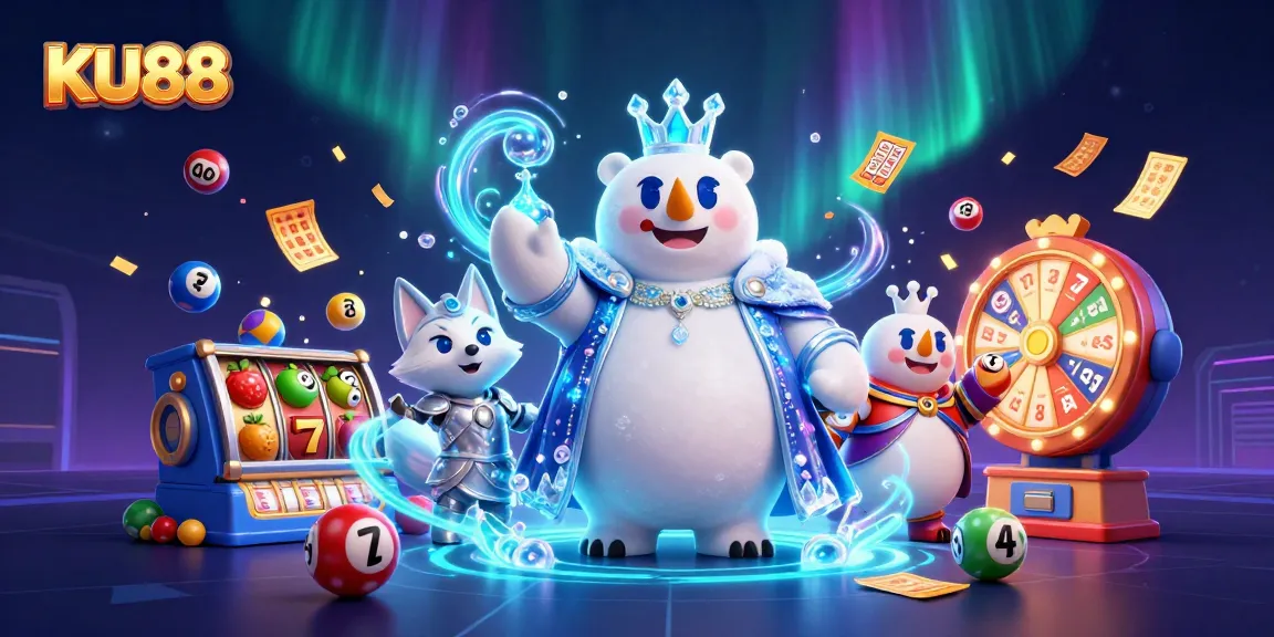 Engage with exciting games at KU88 featuring polar bear and fox in vibrant casino scene.