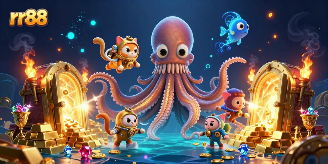 Experience the thrilling adventure of rr88 with a kraken and diving cat amidst treasure in this vibrant 3D scene.