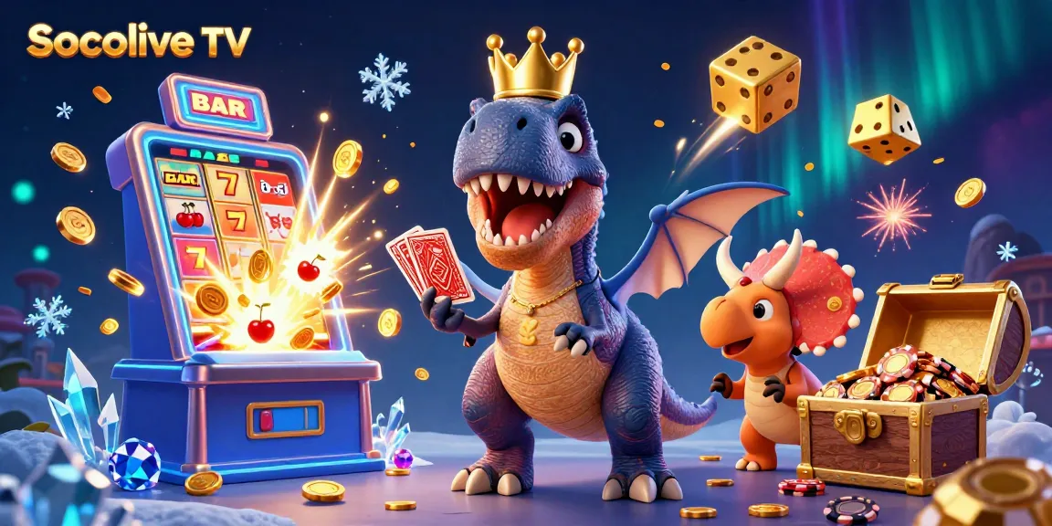 Socolive TV features a T-Rex shuffling cards, a pterodactyl holding them, and a triceratops stacking chips amidst explosive casino elements.