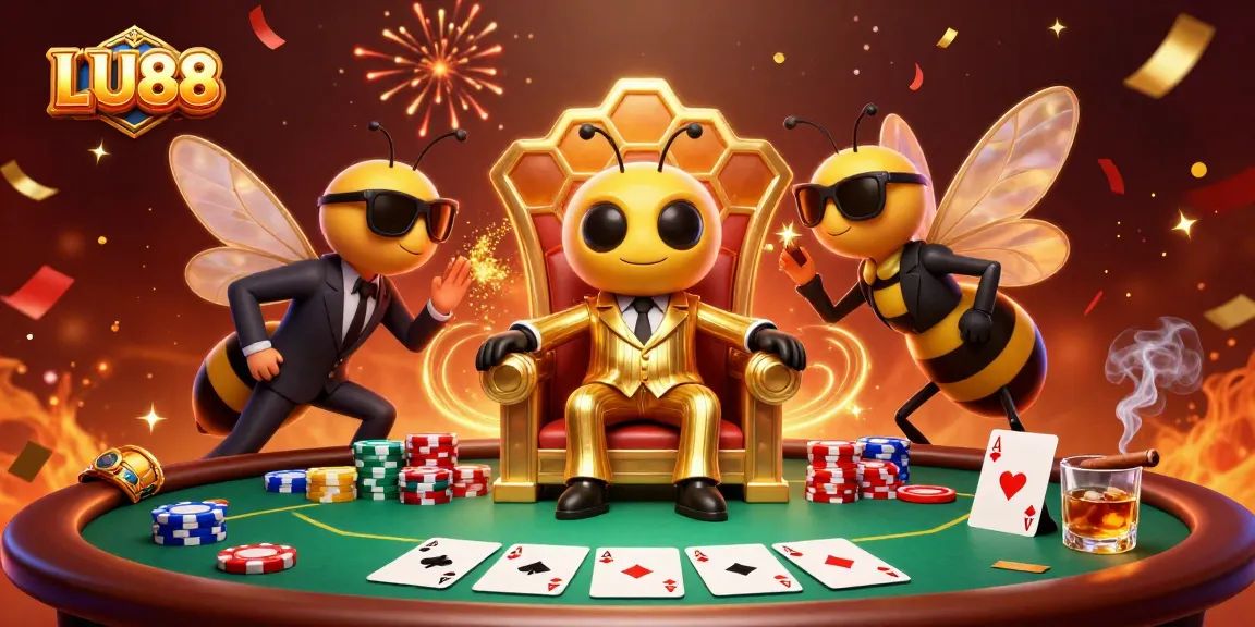 LU88 showcases a vibrant 3D casino scene with the bumblebee mob boss and poker action.