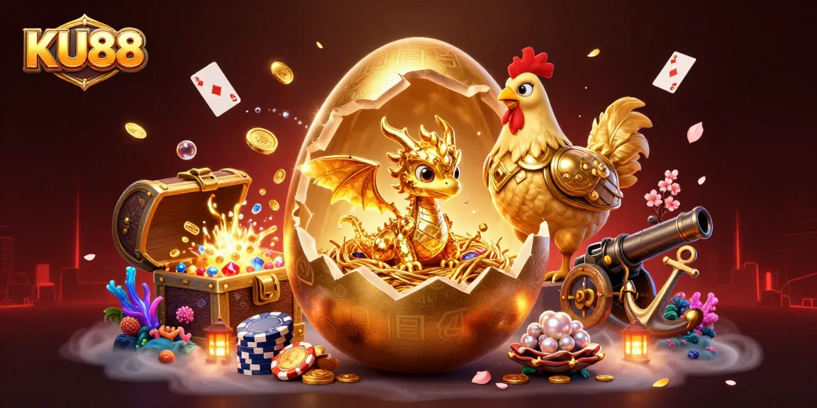 Experience thrilling gaming at KU88 with a dynamic scene featuring a golden dragon and poker chips.