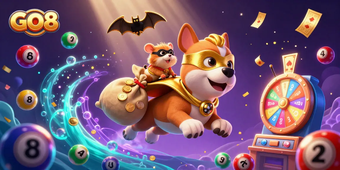 Engage with GO8 gaming excitement as a superhero dog flies with gold coins among colorful lottery elements.
