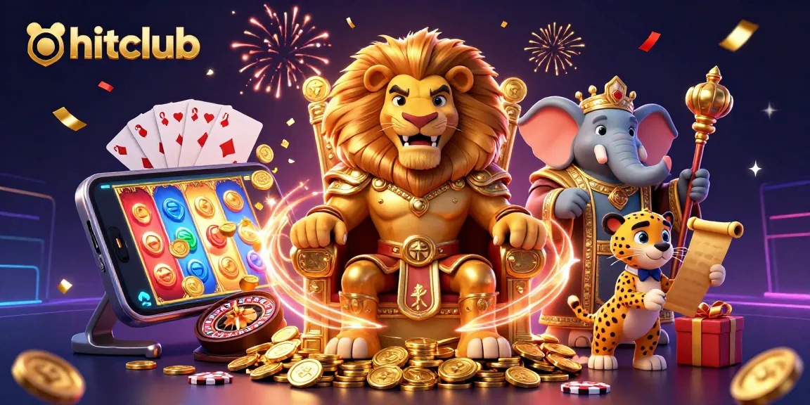 Engage in the world of hitclub with a striking 3D illustration showcasing vibrant casino elements, including a lion king and dynamic gaming action.