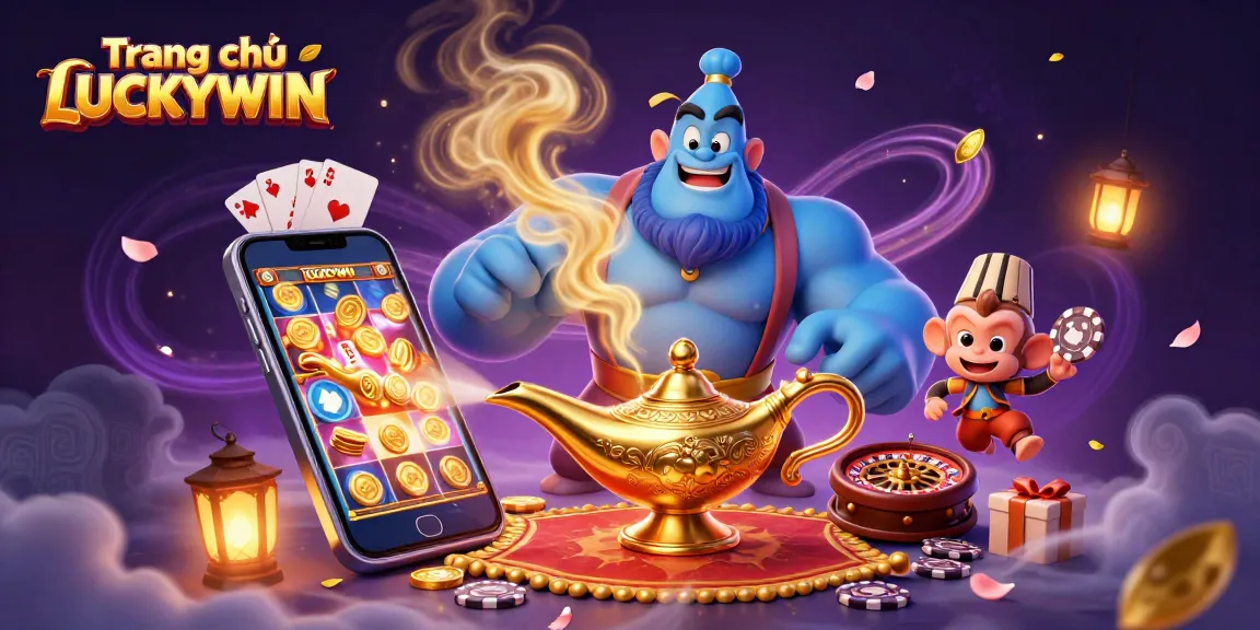 Engage with exciting games at Trang chủ LUCKYWIN, featuring a dynamic 3D casino scene with colorful slot games and vibrant magic.