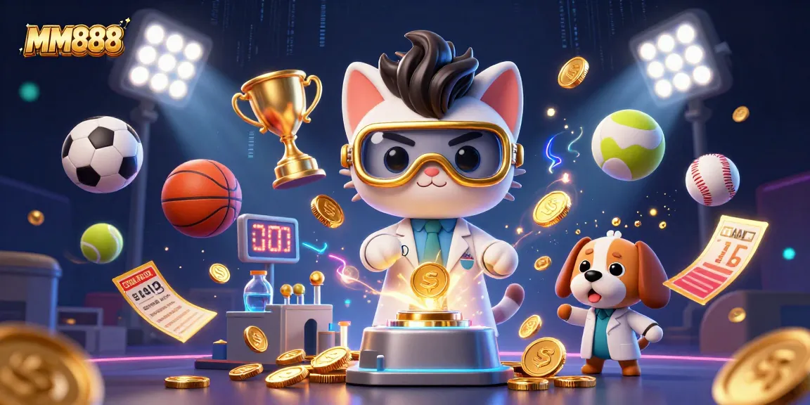 Experience thrilling gameplay with MM888 in a vibrant casino scene filled with dynamic sports elements.