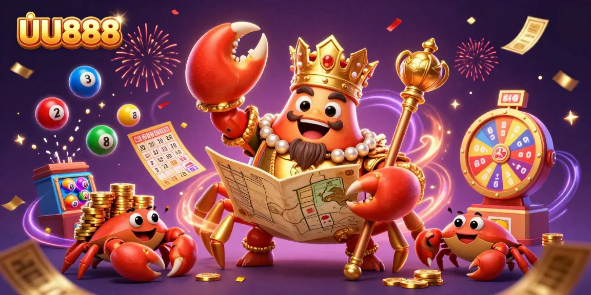 Experience vibrant gaming moments at UU888 with a golden crab emperor amidst lottery excitement.