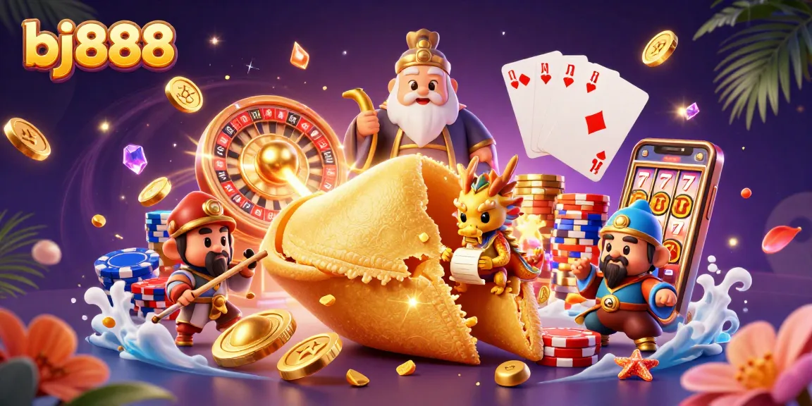 Win big with bj888 at this vibrant casino, featuring a golden fortune cookie and dynamic gaming elements.