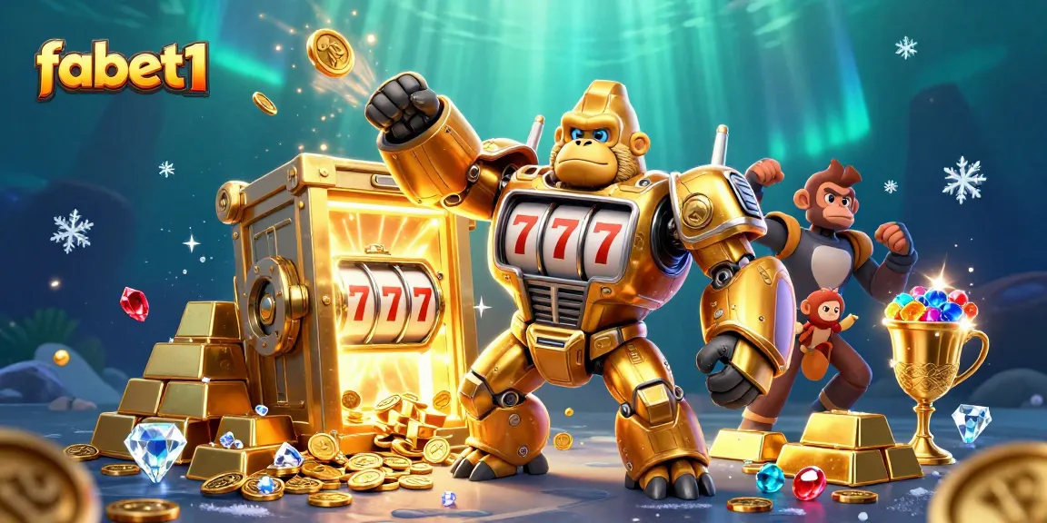 Engage with fabet1’s thrilling gaming adventure featuring a golden gorilla mech amid glimmering treasures.