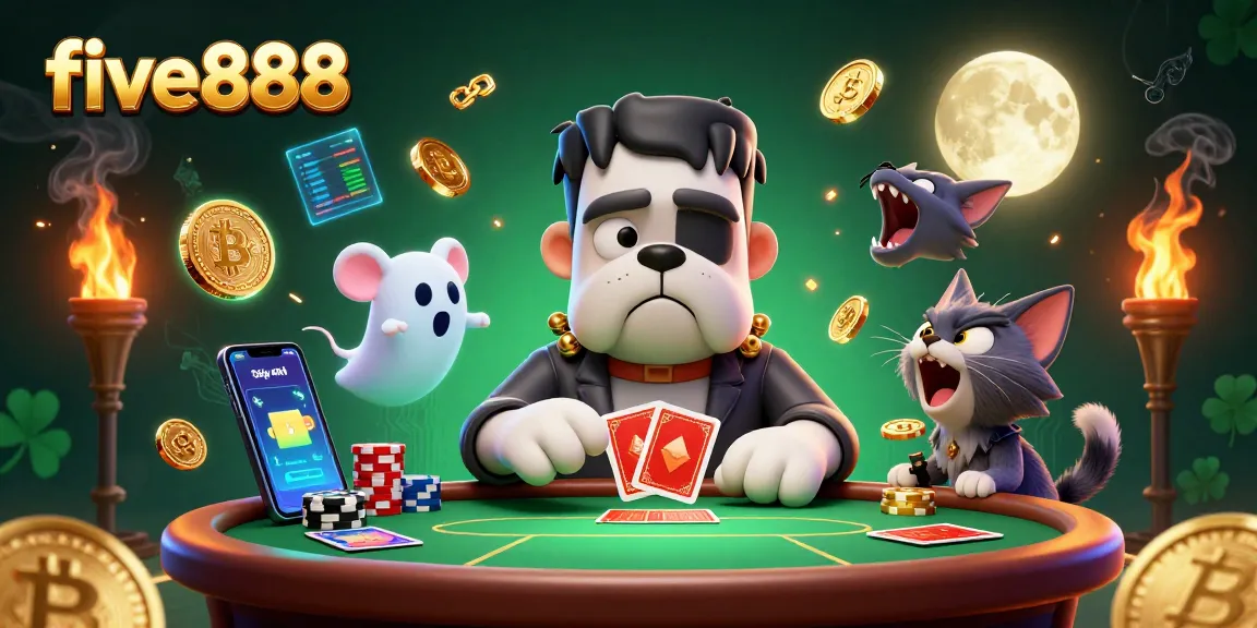 Experience five888 with a cartoon Frankenstein bulldog dealing cards at a glowing casino table.