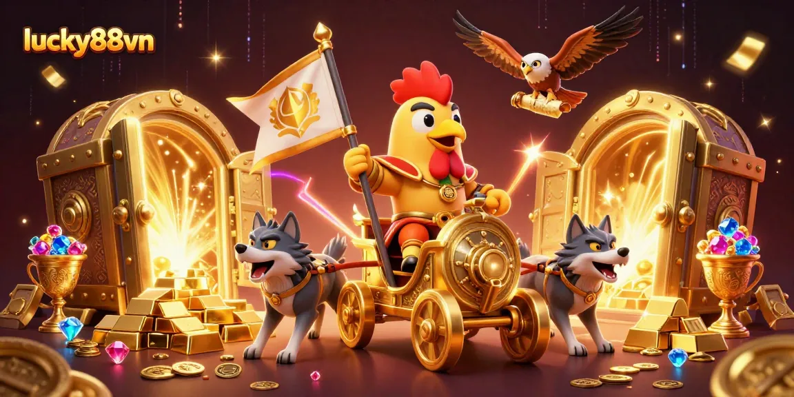 Engage in thrilling action at lucky88vn with a vibrant casino-themed illustration showcasing a rooster warlord.