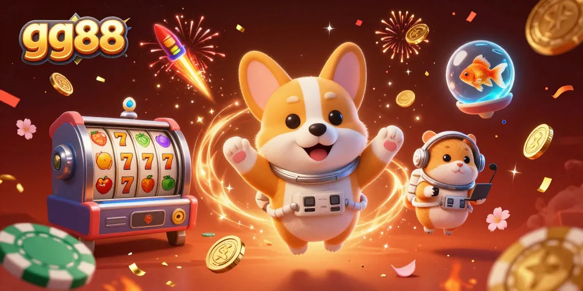Enjoy the vibrant casino experience at gg88 with floating poker chips and joyful characters.