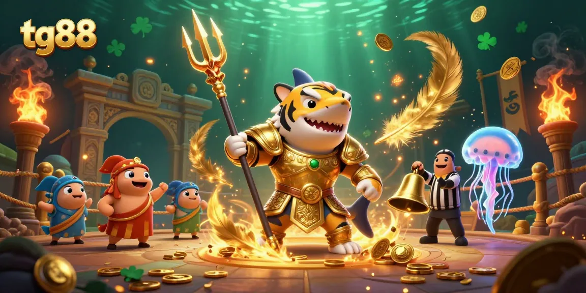 Experience thrilling games at tg88 with a vibrant underwater colosseum and golden shark gladiator.