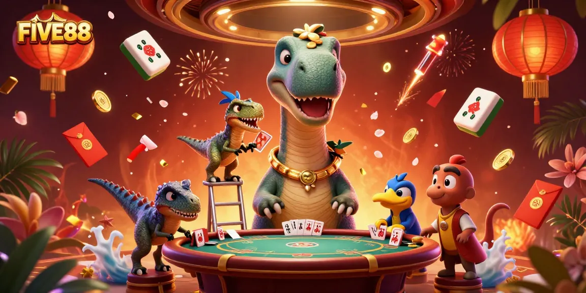 Engage with the vibrant casino scene at FIVE88, featuring a giant brontosaurus and raptor dealer.