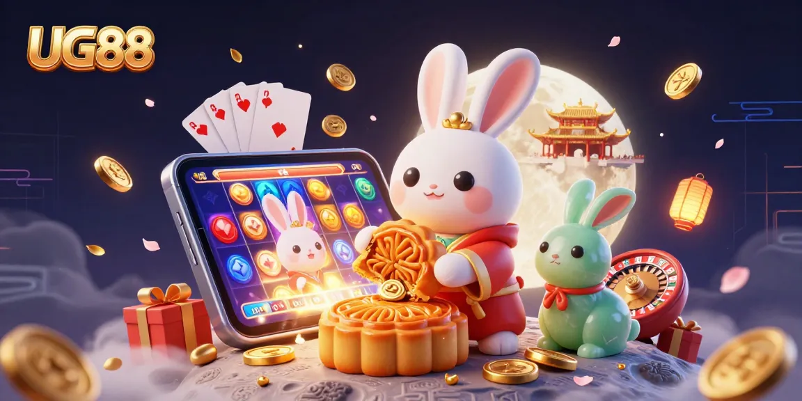Engage with the exciting world of UG88, where a moon rabbit reveals poker chips from golden mooncakes in a vibrant casino-themed illustration.
