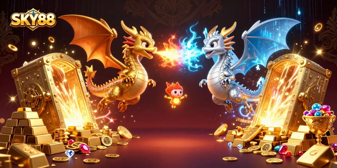 SKY88 enchantingly showcases dragons battling in a treasure-filled scene, capturing casino excitement.