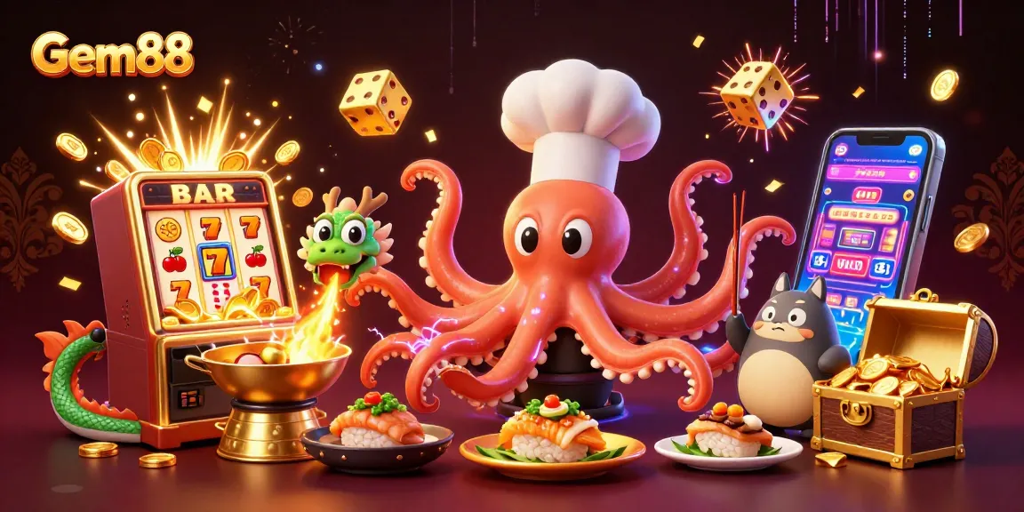 Experience exciting wins at Gem88 with vibrant slot machines, dragons, and playful characters.